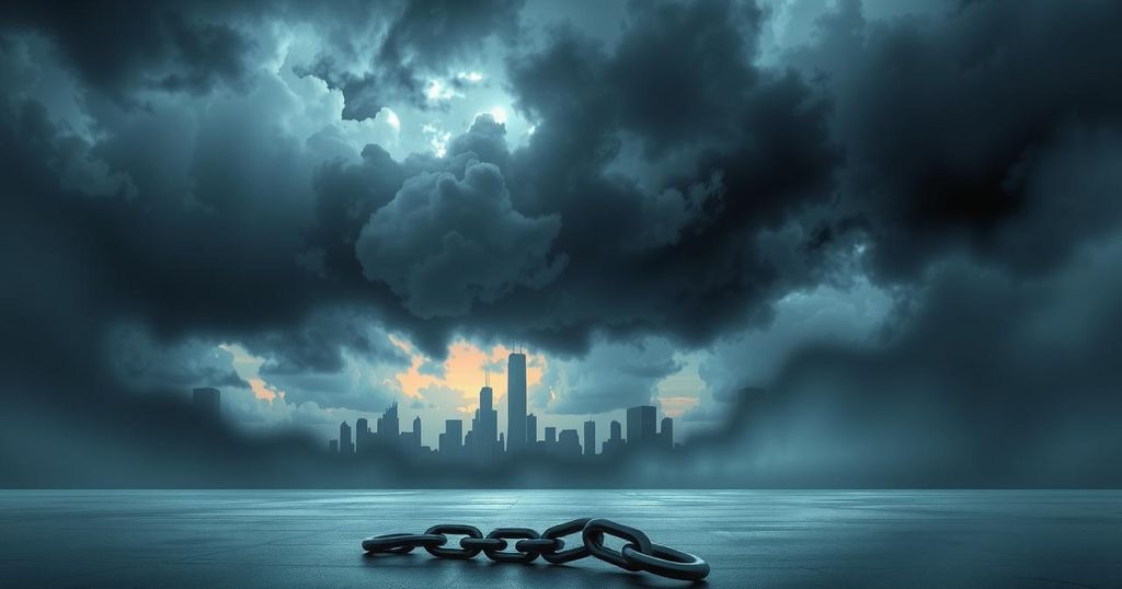 A somber scene representing family separation and patriotism with dark clouds and a broken chain symbolizing loss.