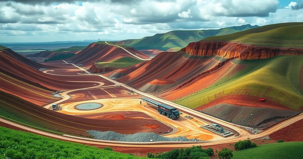 A dramatic landscape showing vast Sierra Leone mine with rich deposits, showcasing lithium exploration's potential.