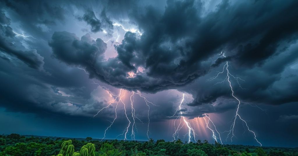 Dramatic thunderstorm over a landscape with dark clouds and lightning, showcasing atmospheric instability in nature.
