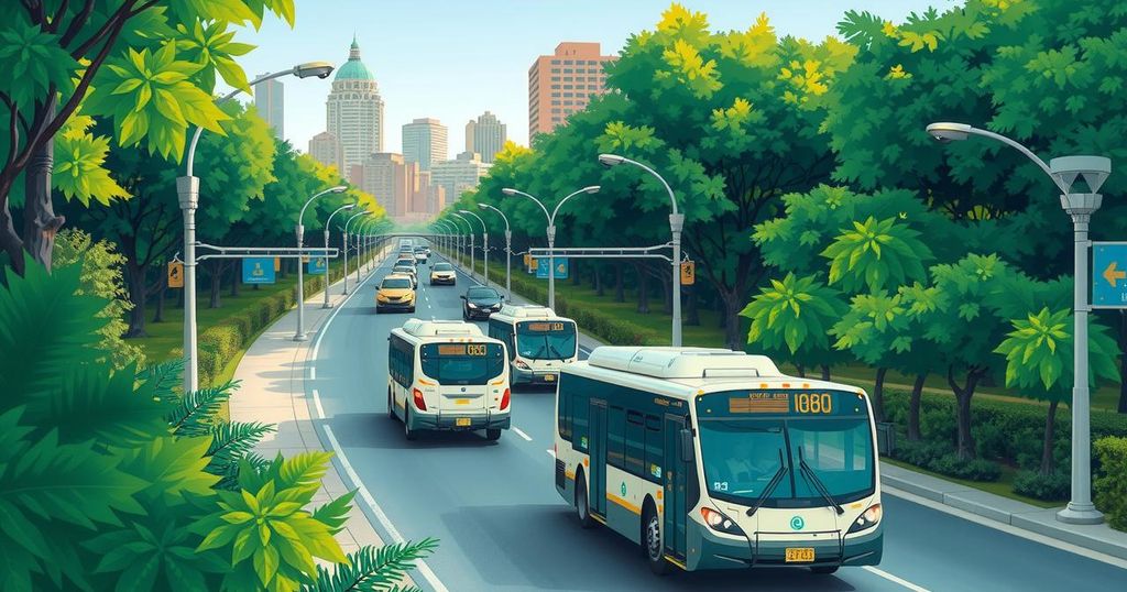 Electric buses in a vibrant cityscape showing eco-friendly transport in Santiago, Chile with lush greenery.