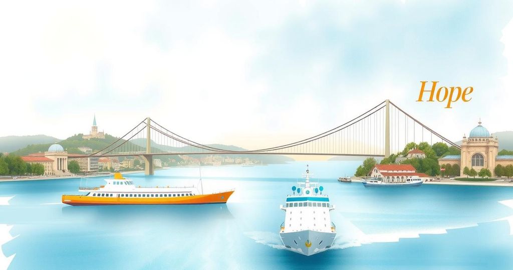 A serene landscape of Istanbul showing a bridge connecting Asia and Europe, symbolizing peace talks.
