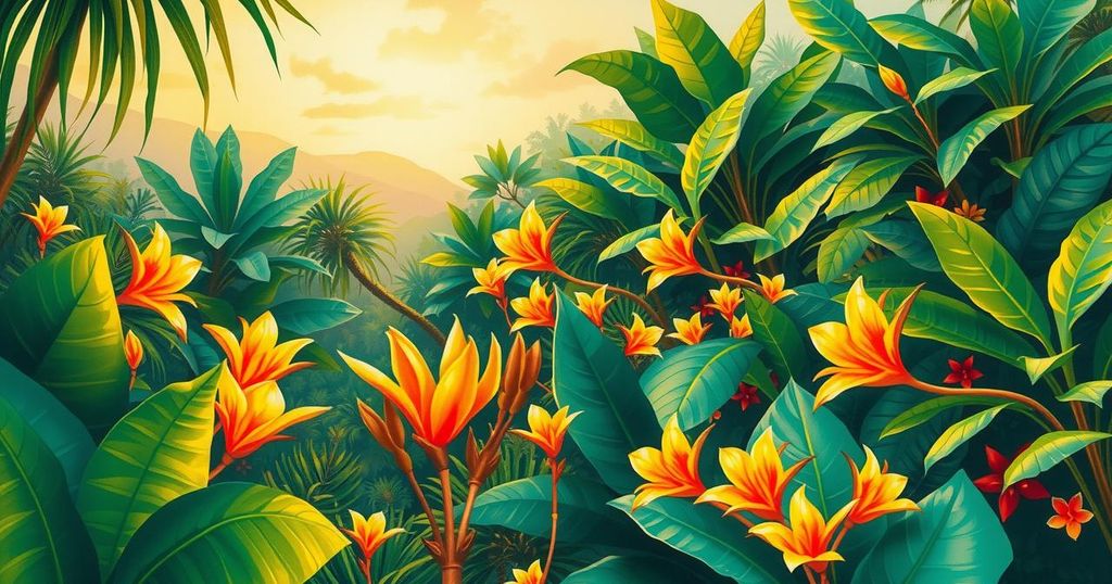 Colorful landscape depicting Malaysia's lush greenery and vibrant culture with an abstract style and warm color scheme.