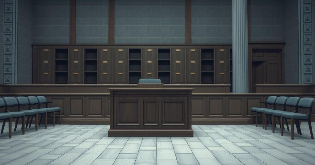 A courtroom scene with a high-security atmosphere, featuring a judge's bench and empty courtroom seats.