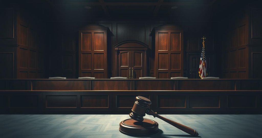 A somber courtroom scene with a gavel, empty chair, and muted colors, illustrating justice and consequence.