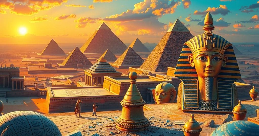 A vibrant depiction of Egyptian archaeology featuring ancient artifacts and pyramids under a clear blue sky.