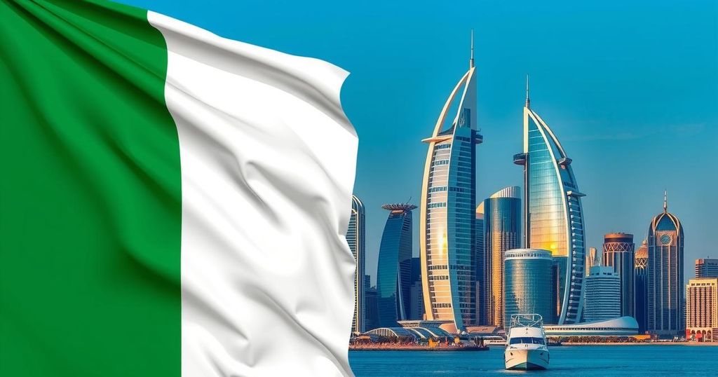 A Nigerian flag and UAE skyline symbolizing international cooperation in law enforcement against financial crime.