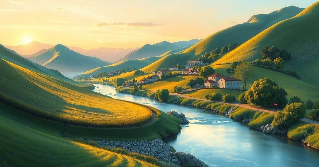 A serene landscape of Bairro Paraíso with natural elements, reflecting environmental focus and community resilience.