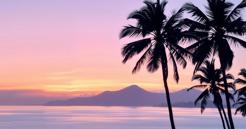 Dili, Timor-Leste skyline at dusk, blending pastel hues of purple and orange with silhouettes of palm trees.
