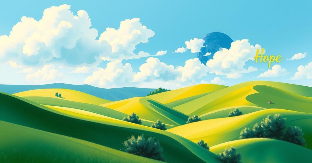 Lush green landscape with a peaceful sky, symbolizing hope for Ukraine ceasefire discussions between leaders.