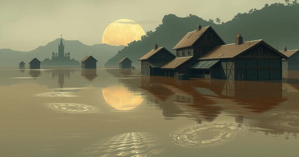 A flooded market town with submerged buildings and rising waters reflecting climate challenges in northern Nigeria.