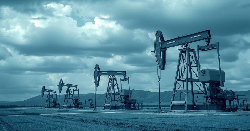 Chevron license announcement for Venezuela with oil fields background and a cloudy sky in shades of blue and grey.