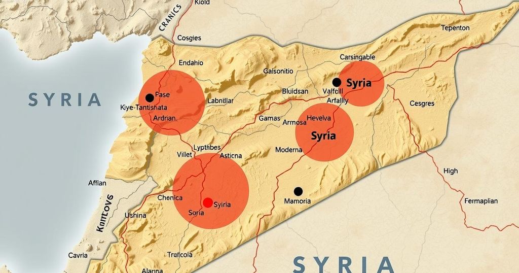 A stylized map of Syria showcasing conflict zones in muted earth tones, symbolizing political turmoil.