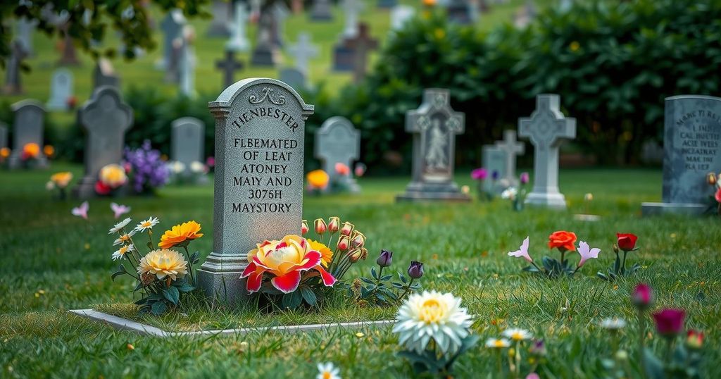 A peaceful cemetery scene with a simple gravestone surrounded by green grass and blooming flowers.