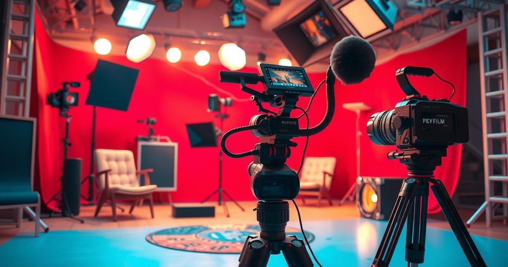 A vibrant film setup showcasing colorful equipment and artistic videography tools symbolizing creativity and innovation.