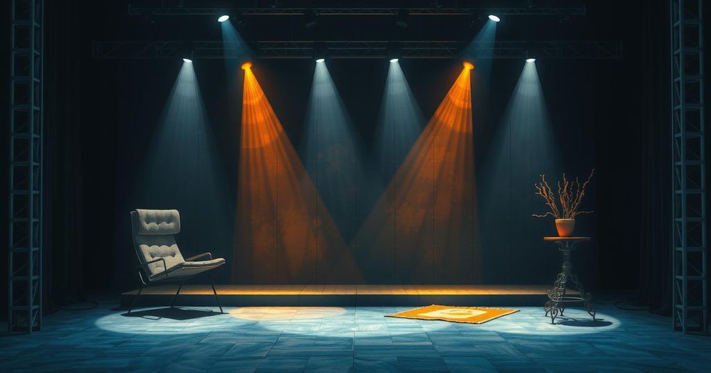 Theatre stage with dramatic lighting, empty stage props, and shadowy silhouettes representing migrant stories.