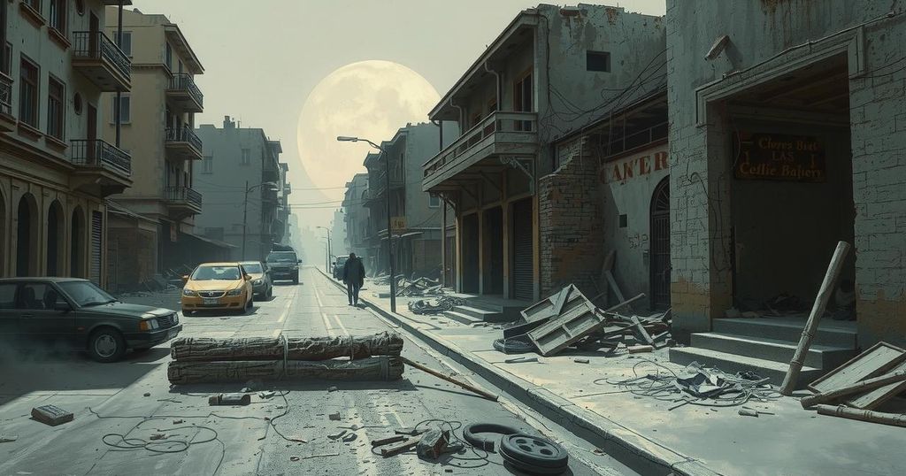 A somber landscape of a deserted city street with abandoned buildings, emphasizing desolation and neglect.
