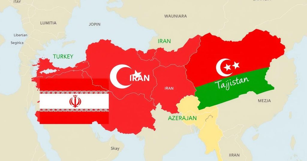 Colorful diplomatic map highlighting Turkey, Iran, Azerbaijan, Tajikistan with a warm color scheme.
