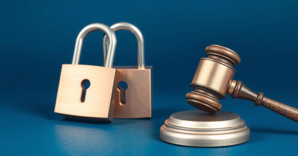 Two locks and a gavel representing justice for crime prevention and legal action against exploitation.