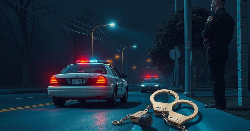Police operation with a car and handcuffs in a nighttime scene, focusing on safety and crime prevention.