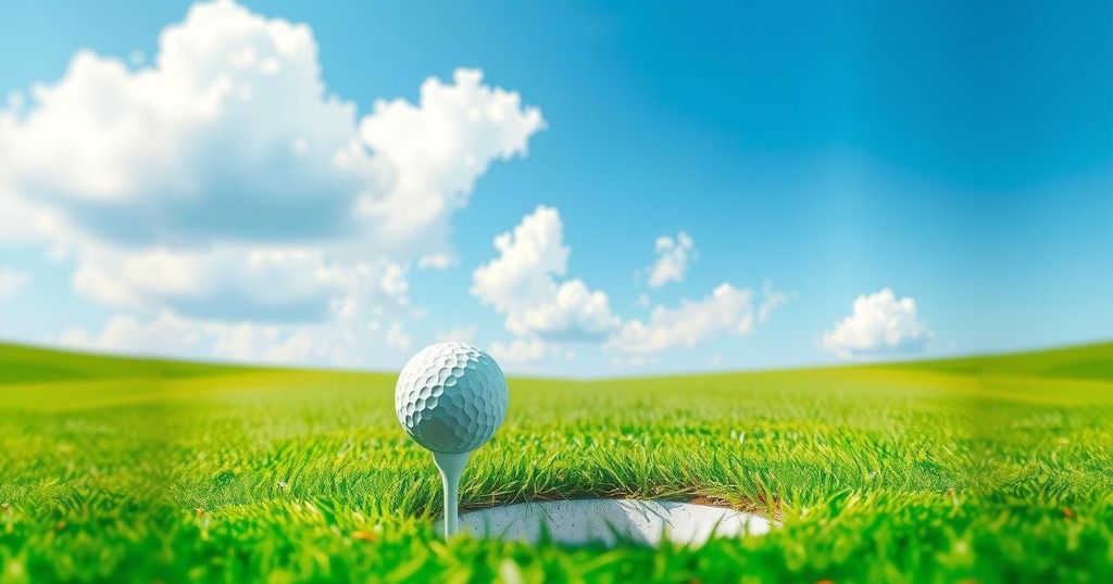 A golfer's ball soaring towards the hole on a lush green golf course under a bright sky.
