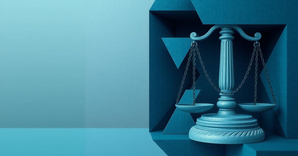 A somber abstract representation of justice in shades of blue and gray, symbolizing accountability and protection.