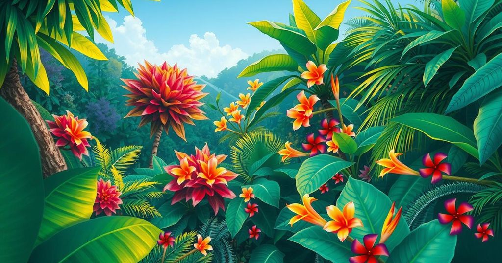A vibrant tropical jungle scene in Brazil showcasing lush greenery, exotic flowers, and a clear blue sky.