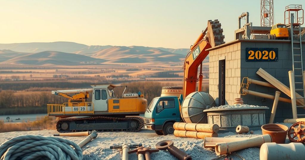 A serene landscape of the Kursk region with construction tools and equipment, showcasing collaboration and rebuilding efforts.