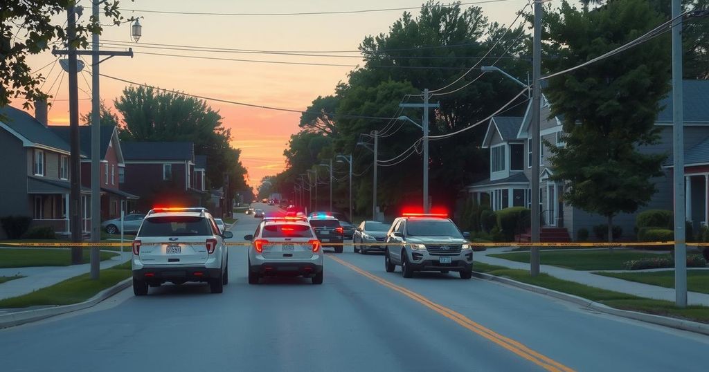 A tranquil Minnesota neighborhood at dawn, police presence visible, surrounded by trees, with caution tape marking an area.