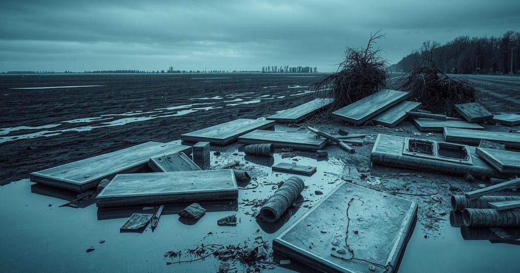 Flood aftermath in Mokwa with debris and waterlogged areas symbolizing destruction and resilience.