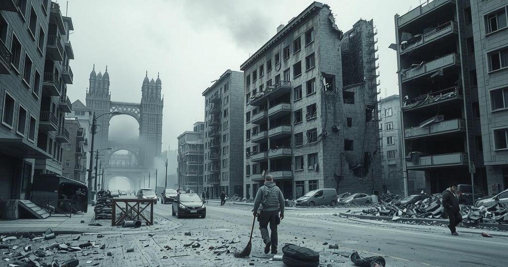 A stark landscape of bombed buildings in a ruined cityscape, showcasing destruction with a somber gray and muted color palette.