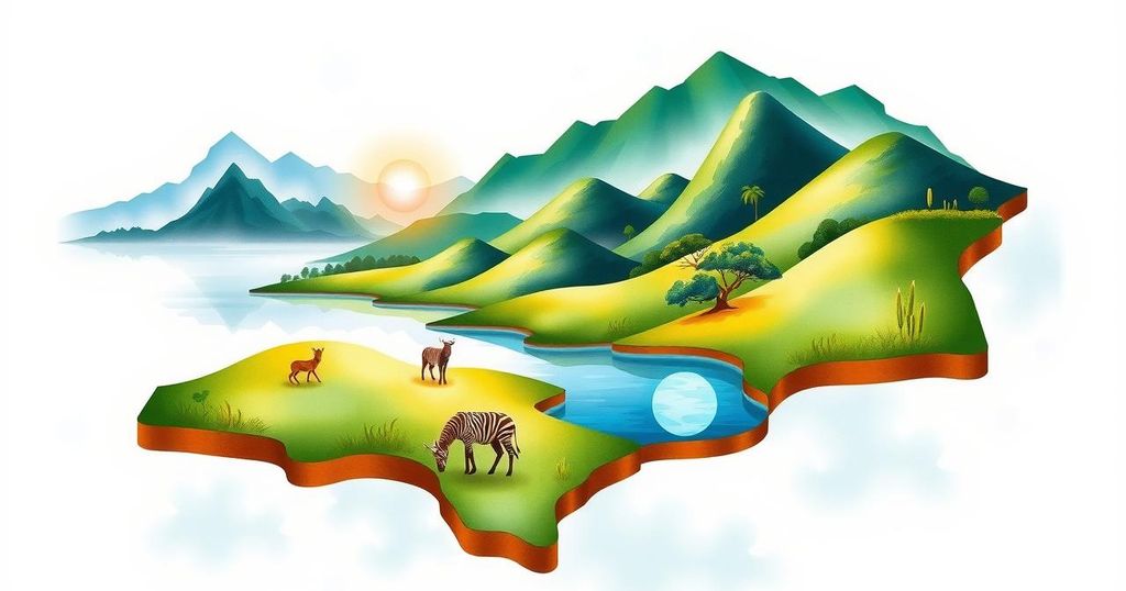 A vibrant map showcasing peaceful landscapes of Rwanda and Congo representing a peace treaty.