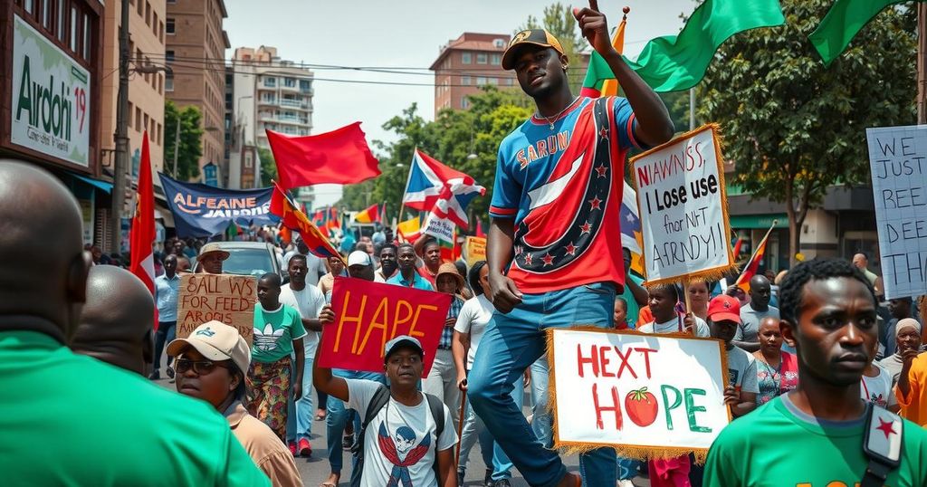 Nairobi street scene with protesters holding signs in a sea of banners, illustrating public advocacy for justice.