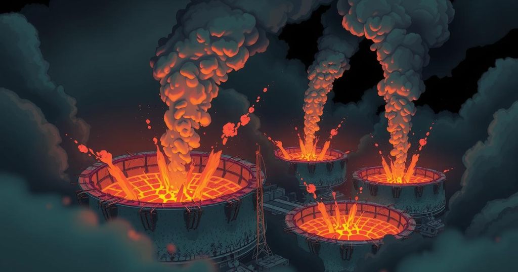 A dramatic depiction of a nuclear facility surrounded by smoke and craters, in a dark color palette.