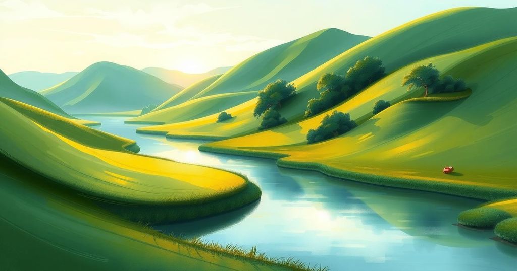 A peaceful landscape showcasing lush green hills and a serene river reflecting the sky's colors, symbolizing harmony.