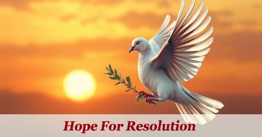 Symbolic peace dove and olive branch with a serene background of a sunset, signifying ceasefire and harmony.