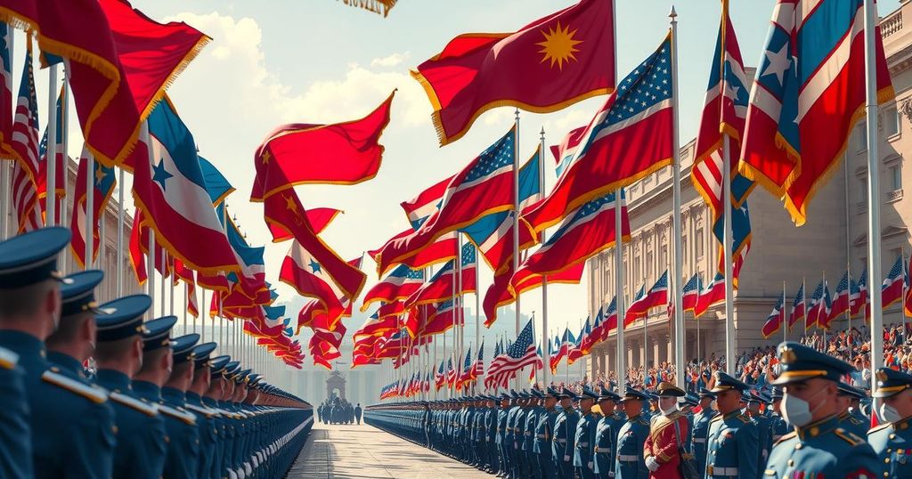 Colorful military parade showcasing veterans with flags and ceremonial uniforms in an energetic atmosphere.