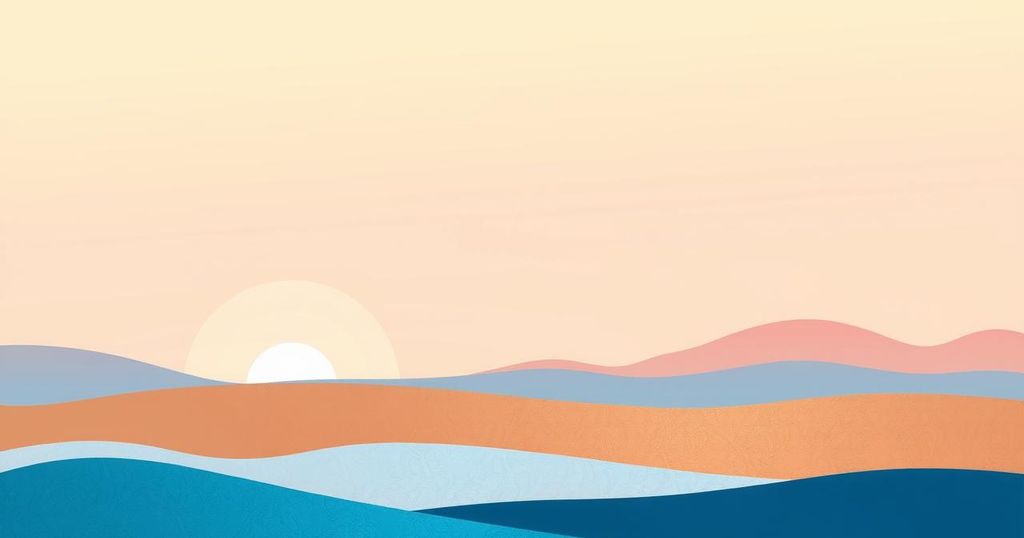 A peaceful landscape showing a horizon with abstract representations of Israel and Iran, under a calm sky, symbolizing ceasefire.