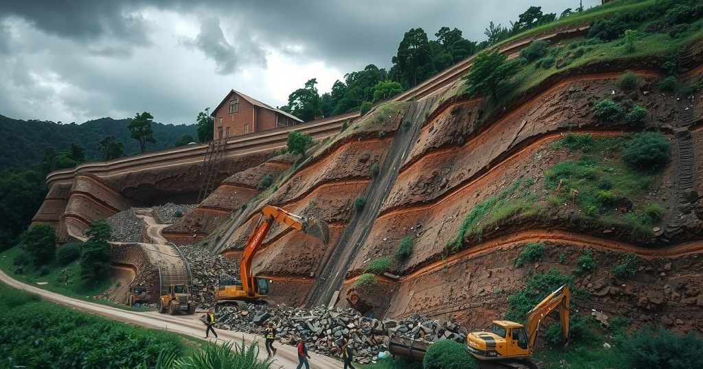 Dramatic landscape of a hillside with mudslide debris and heavy machinery at the site of a landslide in Colombia.
