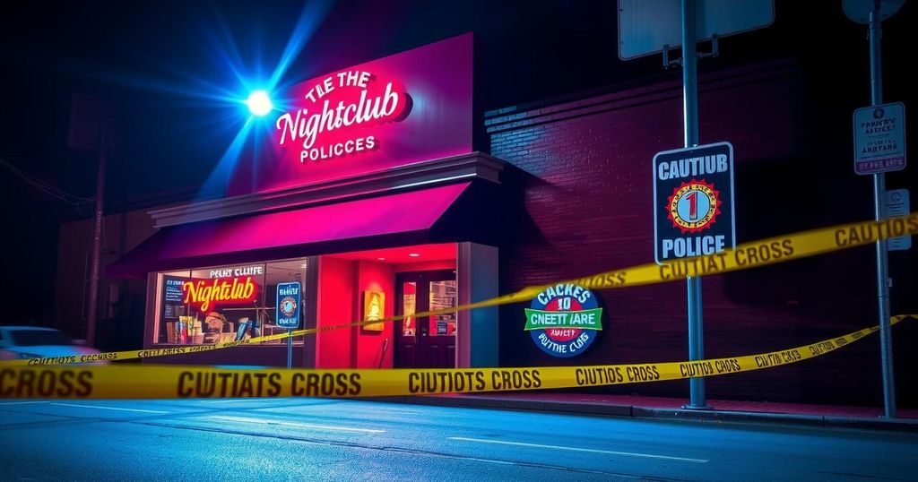 Police investigation scene with police lights and caution tape surrounding a nightclub territory.