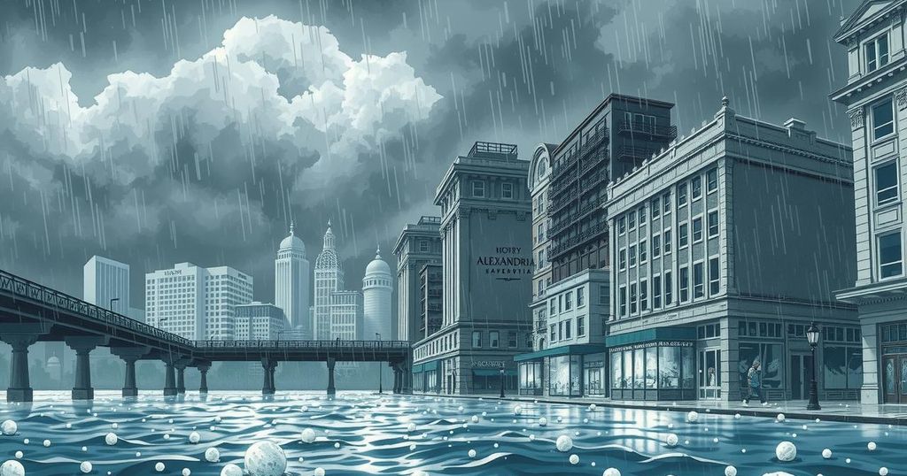 A dramatic cityscape of Alexandria during a hailstorm with dark clouds and heavy rain flooding the streets.