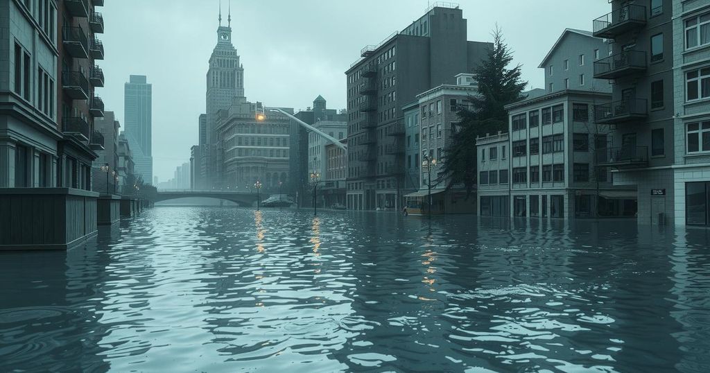A flooded urban landscape showing submerged buildings and streets after heavy rainfall in Kinshasa.