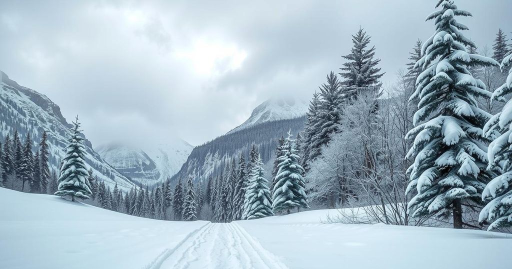 Snowy Glacier National Park landscape with heavy snowfall under gray skies, showcasing snow-laden trees and mountains.