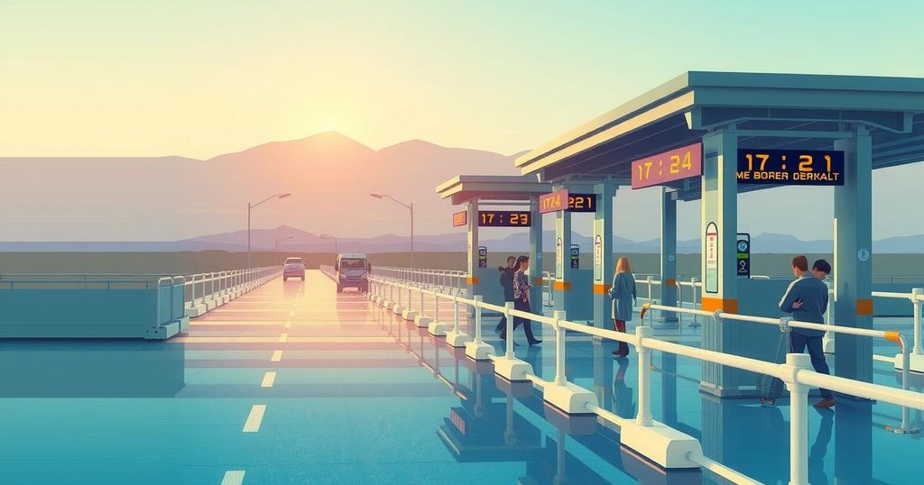 A serene border landscape showing a calm checkpoint area with barriers and distant hills under a clear blue sky.