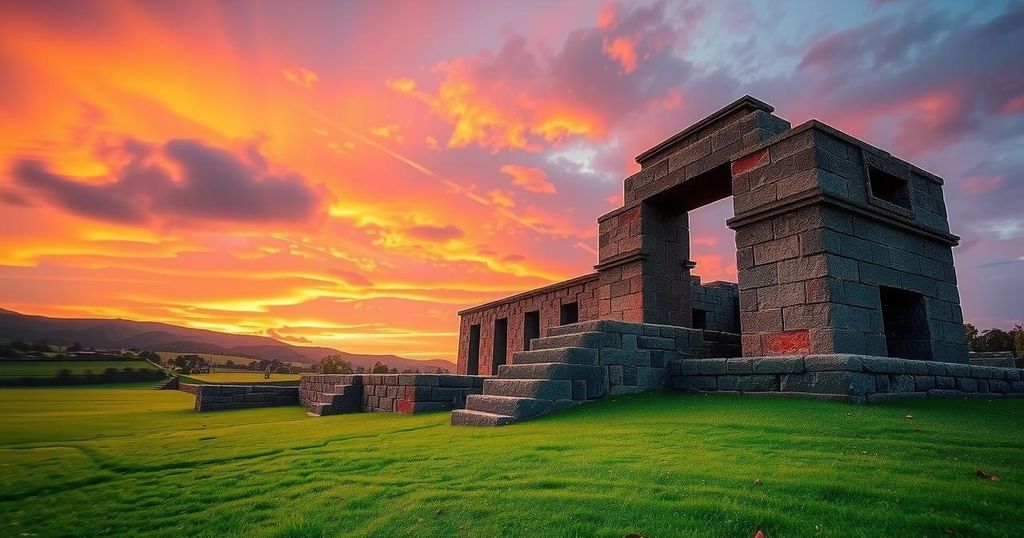 Scenic view of ancient Tiwanaku ruins in Bolivia with a vibrant sunset sky and lush greenery.