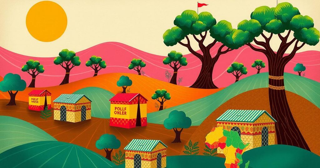 A vibrant landscape depicting the essence of Africa's unity and progress, with colorful elements symbolizing voting and celebration.