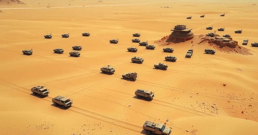 Desert landscape with military trucks amid a sandy terrain, illustrating a conflict scene without human presence.