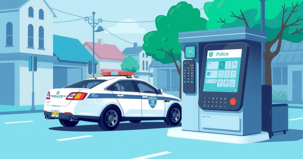 Colorful illustration of a police car and a Point of Sale terminal in an urban setting, emphasizing security.
