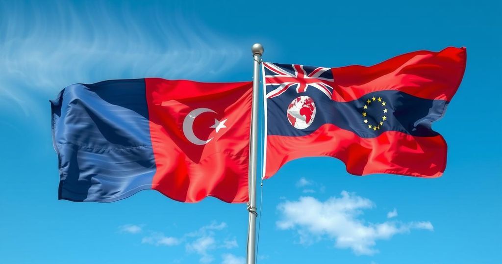 Two flags waving side-by-side, representing unity and dialogue between two nations in a peaceful discussion setting.
