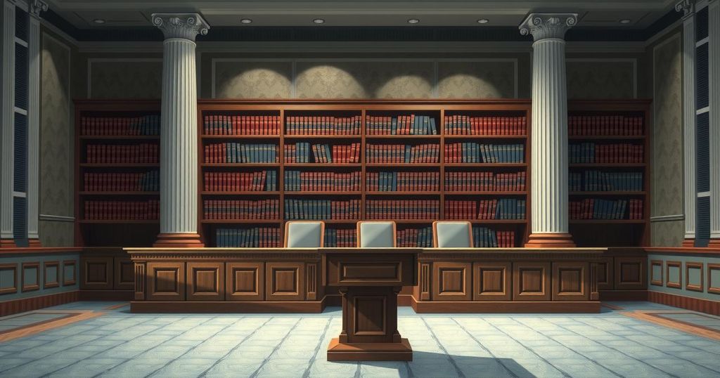 A courtroom scene emphasizing justice, accountability, and transparency with neutral tones and a somber atmosphere.