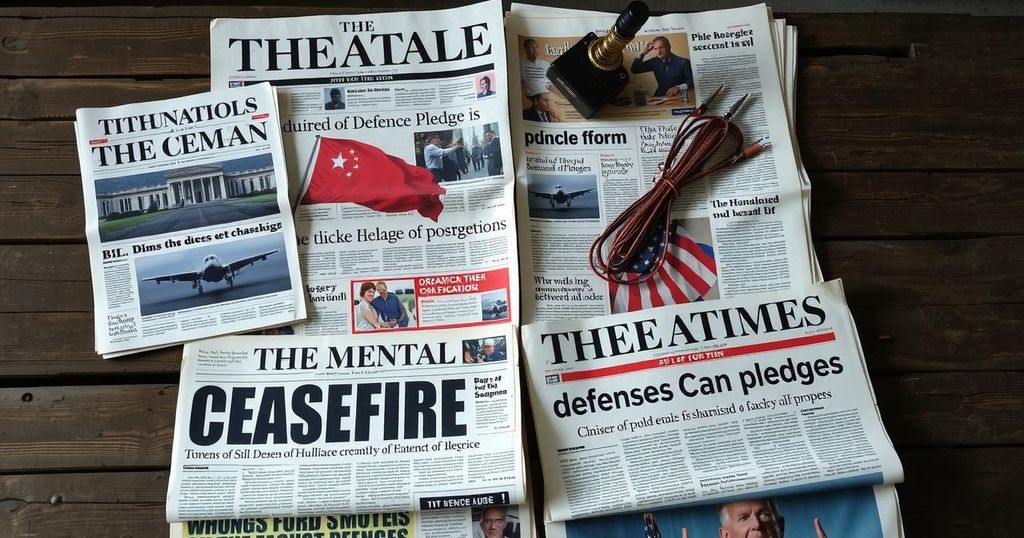 Newspaper headlines reflecting international tensions and political agreements with a focus on defense news and conflicts.